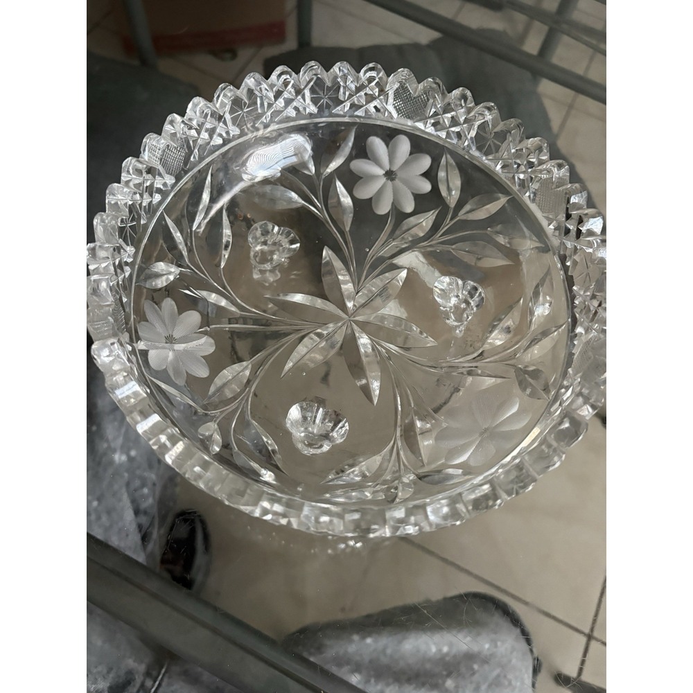 Vintage Cut Crystal 3 Footed Bowl 8" Etched Floral Sawtooth Rim Centerpiece